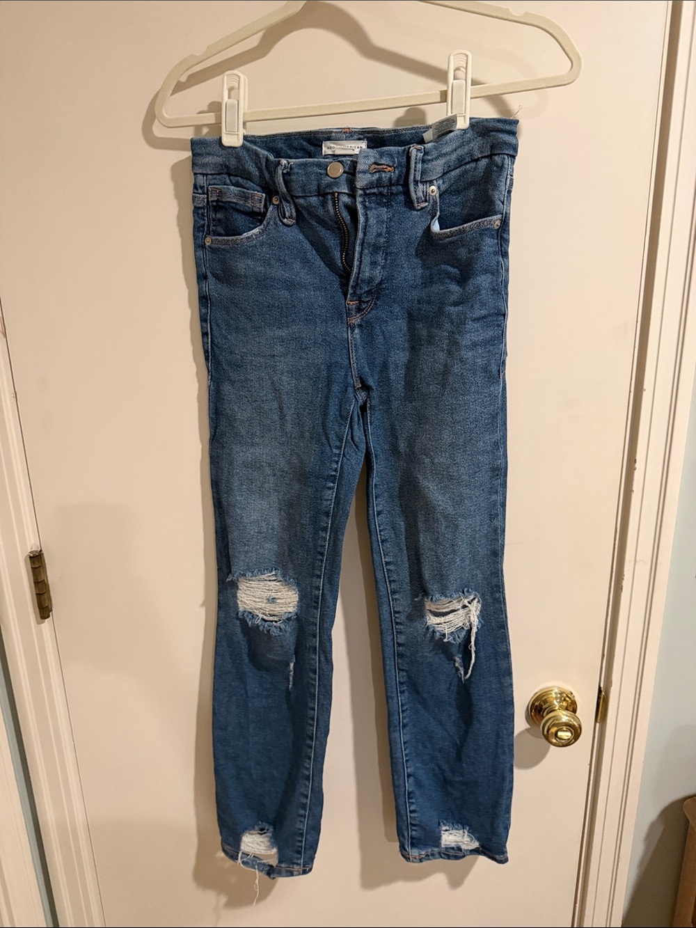 Good American Blue Straight-Leg Distressed Jeans